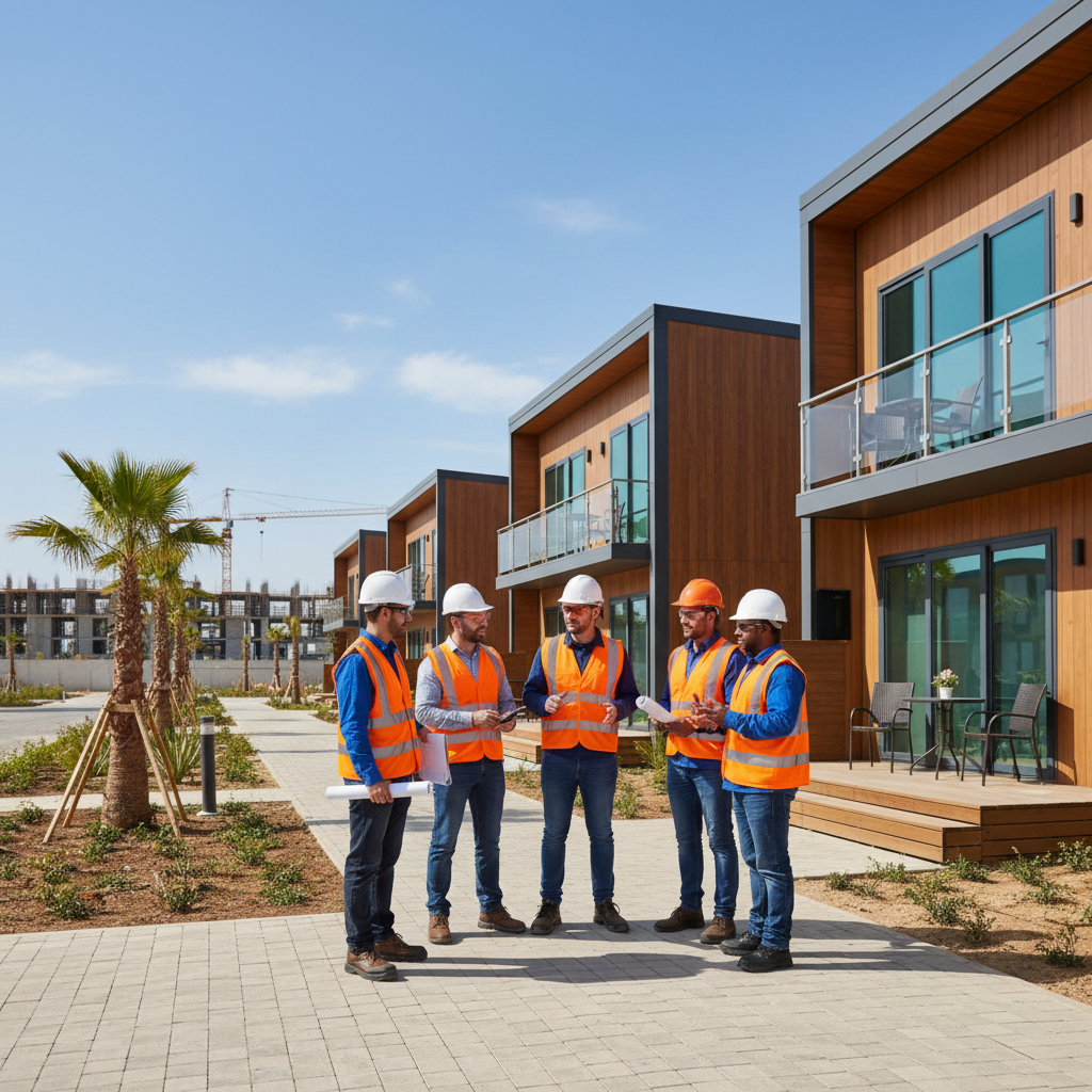 Travailleurs du bâtiment discutant devant leur hébergement.