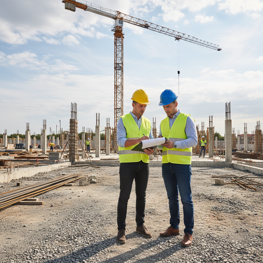 Inspecteur du travail contrôlant des documents sur un chantier.