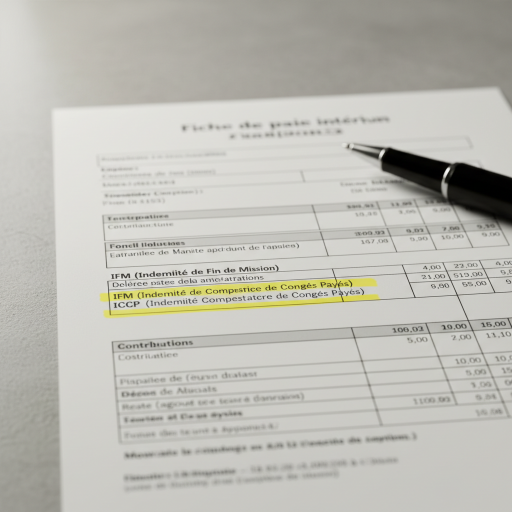 Une fiche de paie d'intérim avec les sections IFM et ICCP.