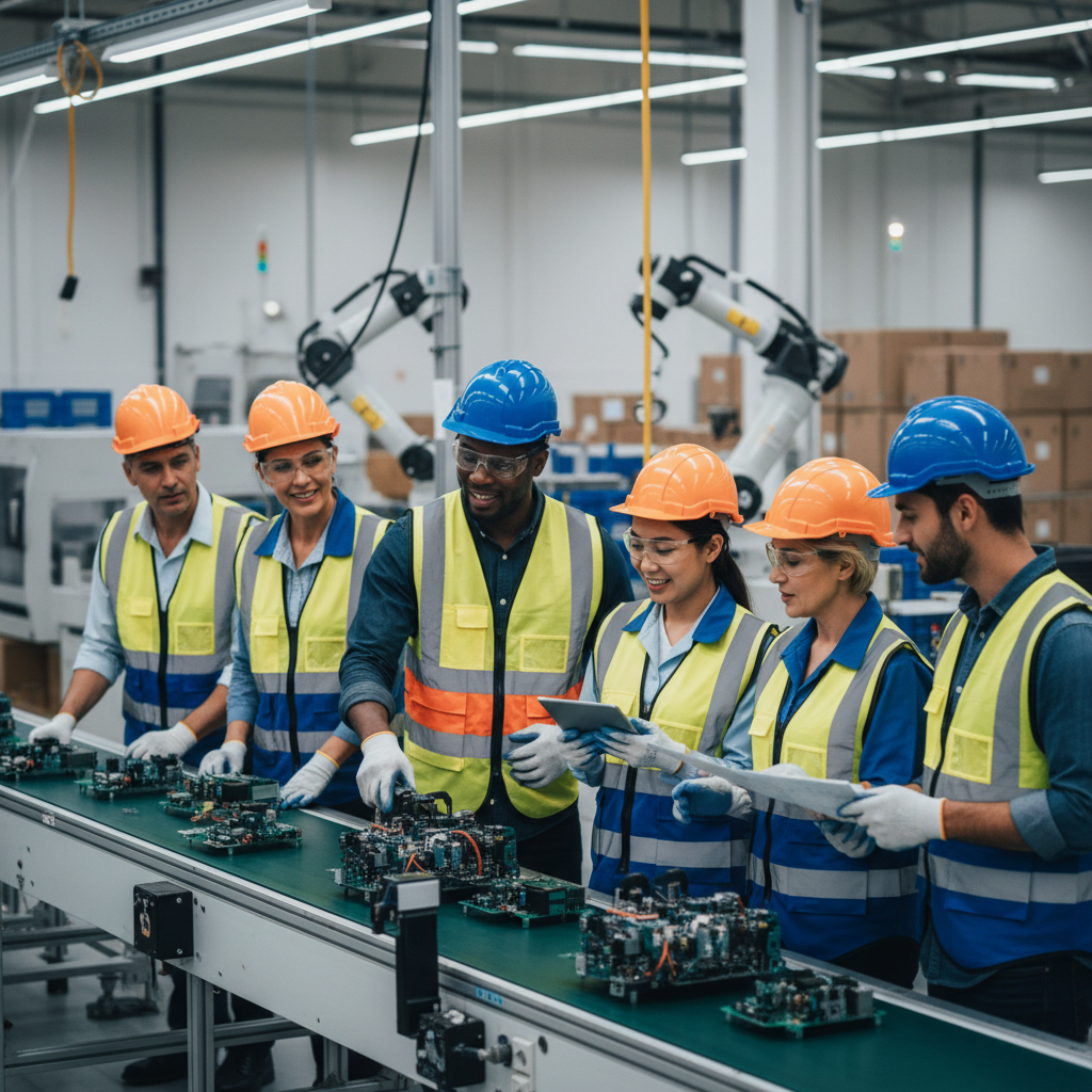 Des ouvriers permanents et intérimaires travaillant ensemble en usine.